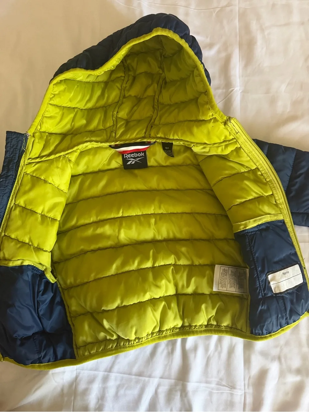 Reebok Kids Puffer Jacket in Navy and Lime Green